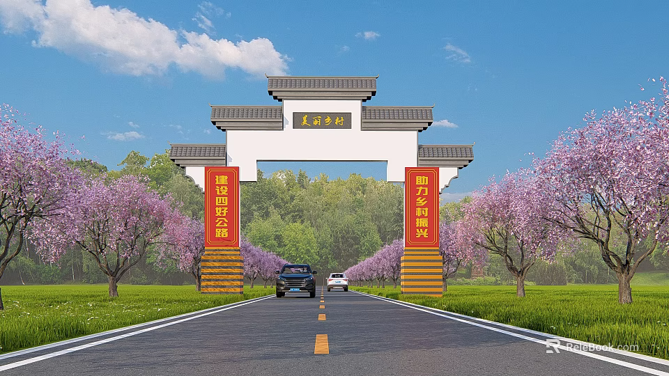 Chinese Traditional Archway with Red Couplets and Cherry Blossom Trees and Cars on Country Road 3d model 