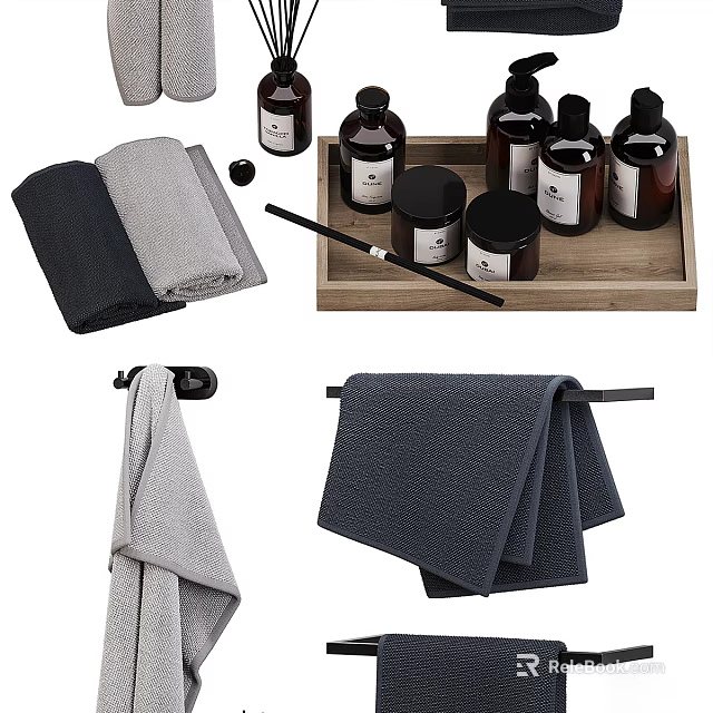 Modern Bathroom Accessories With Gray Towels Wooden Tray Black Bottles And Towel Rack 3d model 