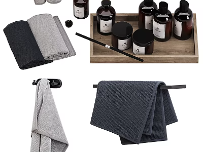 Modern Bathroom Accessories With Gray Towels Wooden Tray Black Bottles And Towel Rack 3d model