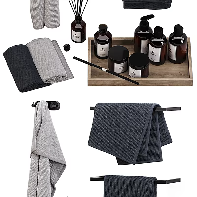 Modern Bathroom Accessories With Gray Towels Wooden Tray Black Bottles And Towel Rack 3d model