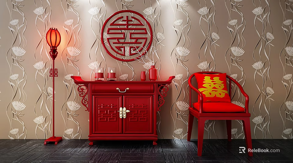 Traditional Chinese Red Console Table Side Cabinet With Carved Design Wedding Decor And Lotus Wallpaper 3d model 