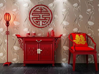 Traditional Chinese Red Console Table Side Cabinet With Carved Design Wedding Decor And Lotus Wallpaper 3d model