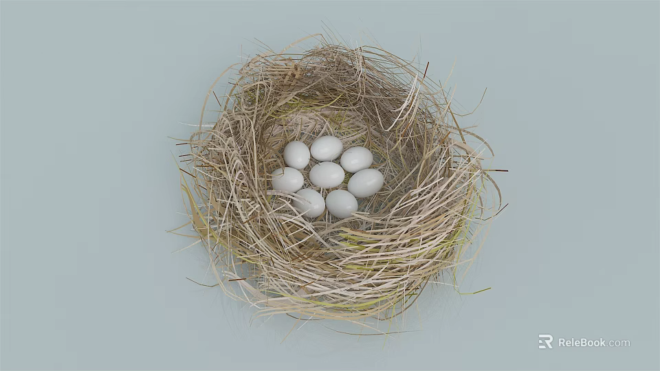 Straw Bird Nest With White Eggs On Light Blue Background 3d model 