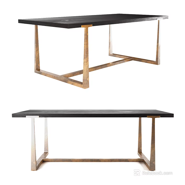 Modern Black Dining Table With Sleek Tabletop And Gold Metal Geometric Frame Base 3d model