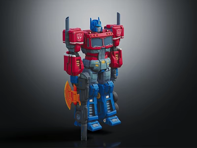 Red And Blue Transformers Robot Toy Figure With Axe Weapon And Mechanical Joints 3d model