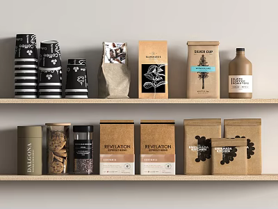 Various Types Of Food Packaging Including Coffee Tea And Spices On Shelves With Neutral Colors 3d model