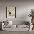 Light Gray Upholstered Two Seater Sofa With Floor Lamp Wall Art And Potted Plant