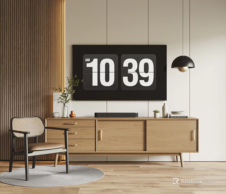 Modern Wooden TV Stand With Digital Clock Pendant Light Chair And Decorations 3d model 