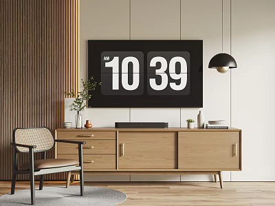 Modern Wooden TV Stand With Digital Clock Pendant Light Chair And Decorations 3d model