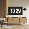 Modern Wooden TV Stand With Digital Clock Pendant Light Chair And Decorations