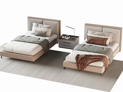 Modern Two Single Beds With Upholstered Headboards Nightstand Pillows And Blanket On Neutral Rug 3d model