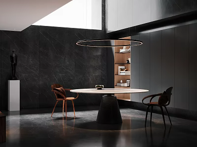 Modern Restaurant Interior Design With Round Table Chairs Bookshelf And Pendant Light 3d model