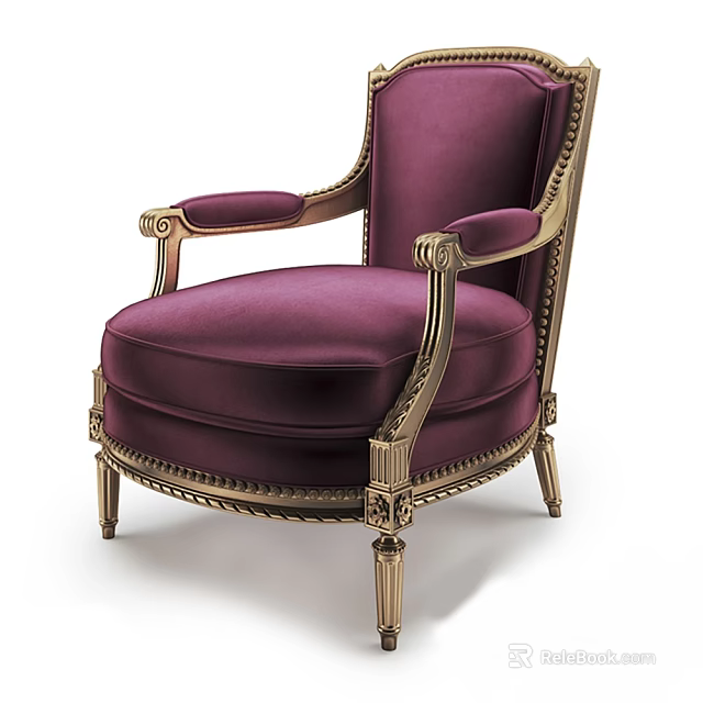 Elegant Purple Velvet Single Sofa With Golden Trim And Classic Design Details 3d model 
