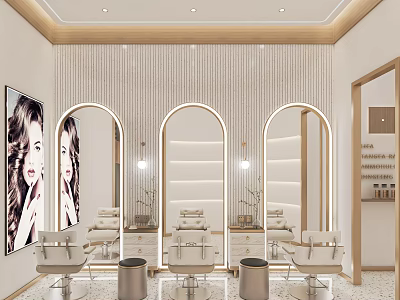 Chic Beauty Salon Interior Design With Styling Chairs Arched Mirrors And Soft Lighting 3d model