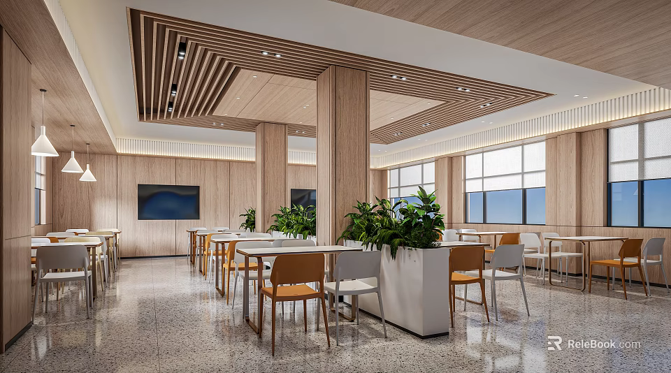 Modern Restaurant Interior With Wooden Decor Large Windows And Dining Tables 3d model 