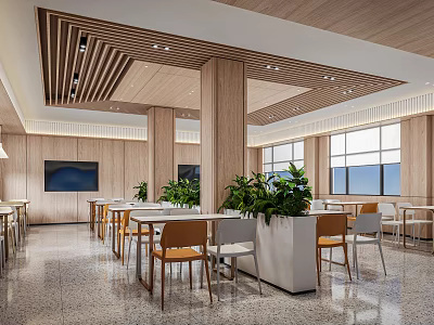Modern Restaurant Interior With Wooden Decor Large Windows And Dining Tables 3d model