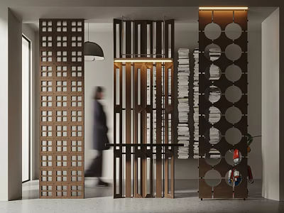 Modern Wooden Room Dividers With Grid Vertical Slats And Circular Cutouts In Hallway Interior 3d model