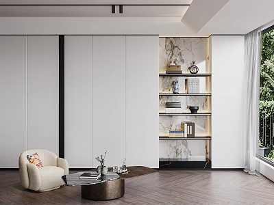 Modern Living Room Interior With Beige Armchair Round Coffee Table Open Shelving And Marble Backsplash 3d model