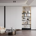 Modern Living Room Interior With Beige Armchair Round Coffee Table Open Shelving And Marble Backsplash