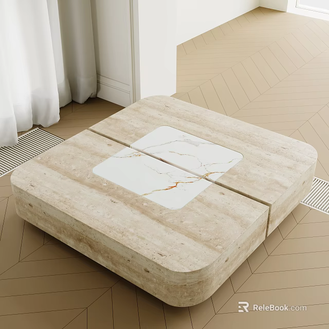 Beige Square Coffee Table With Marble Top And Natural Veins On Smooth Surface 3d model 