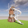 Playground Equipment With Brown Tower Stairs White Spiral Yellow Straight Slides And Green Grass