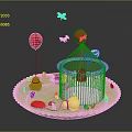 Charming Miniature Scenery With White Wooden Cabin Red Balloons And Small Insects On Green Platform