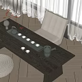 Modern Wooden Tea Table and Chairs with Tea Set and Decorative Vase in Bright Room