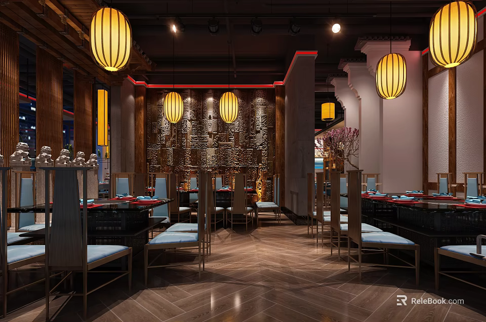Hot Pot Restaurant Interior With Traditional Lanterns Wooden Decor And Dining Tables 3d model 