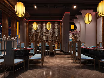 Hot Pot Restaurant Interior With Traditional Lanterns Wooden Decor And Dining Tables 3d model