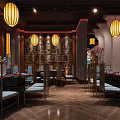 Hot Pot Restaurant Interior With Traditional Lanterns Wooden Decor And Dining Tables