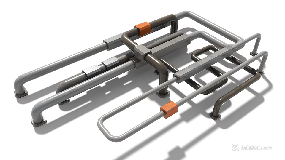 Industrial Metal Piping System With Connecting Components And Orange Fittings 3d model 