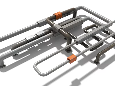 Industrial Metal Piping System With Connecting Components And Orange Fittings 3d model