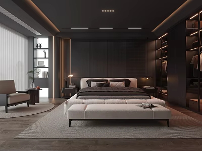 Modern Dark Bedroom Interior With King Bed Nightstands Table Lamps And Area Rug 3d model
