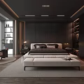 Modern Dark Bedroom Interior With King Bed Nightstands Table Lamps And Area Rug