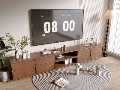 Modern Wooden TV Stand With TV Books Decorations And Floor Lamp Near Green Plant On Rug 3d model