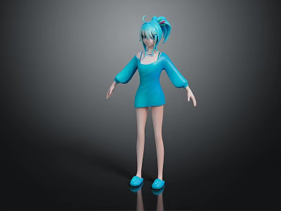 Cartoon Blue Haired Female Character With Ponytail Blue Dress Blue Shoes 3D Model Standing 3d model