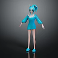 Cartoon Blue Haired Female Character With Ponytail Blue Dress Blue Shoes 3D Model Standing