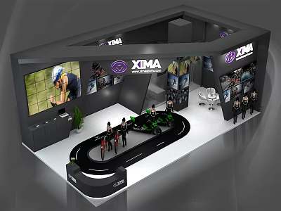 XIMA Exhibition Booth Featuring Green Racing Car Large Screen and Display Figures 3d model