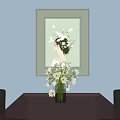 Framed Abstract Painting With Female Silhouette And Flowers On Wooden Table With Vase