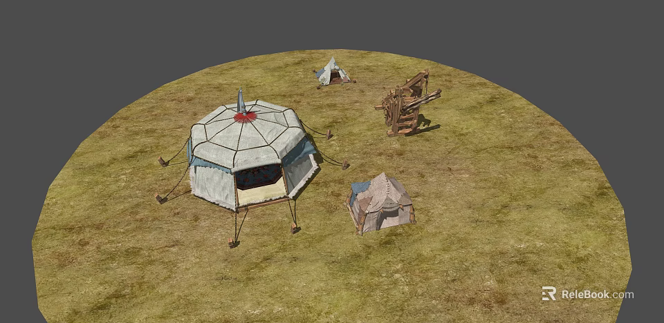 Traditional Yurt And Tents On Grassland With Wooden Structure Setup 3d model 