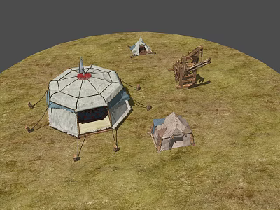 Traditional Yurt And Tents On Grassland With Wooden Structure Setup 3d model
