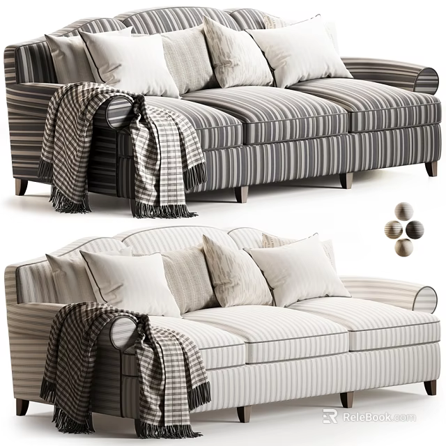 Classic Striped Fabric Two Seater Sofa In Two Tones With Soft Pillows And Throw Blanket 3d model 