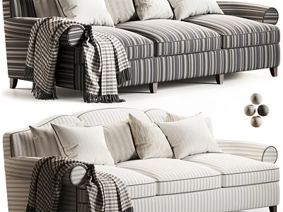 Classic Striped Fabric Two Seater Sofa In Two Tones With Soft Pillows And Throw Blanket 3d model