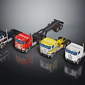 Colorful Model Trucks in Blue Red Yellow and White Displayed in a Row