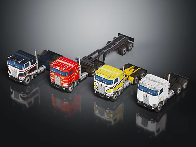 Colorful Model Trucks in Blue Red Yellow and White Displayed in a Row 3d model
