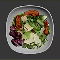 Fresh Salad with Green Lettuce Red Tomatoes Purple Radicchio and White Cheese in White Bowl