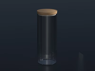 Ceramic Transparent Cylindrical Storage Container With Wooden Lid On Dark Background 3d model