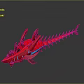 Red Elongated Biomechanical Creature With Spikes Blue Glowing Lines On Dark Background