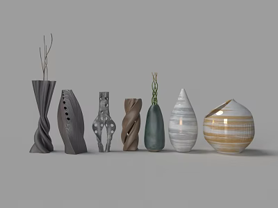 Various Ceramic Vessels With Unique Shapes And Neutral Tones Arranged In A Line 3d model