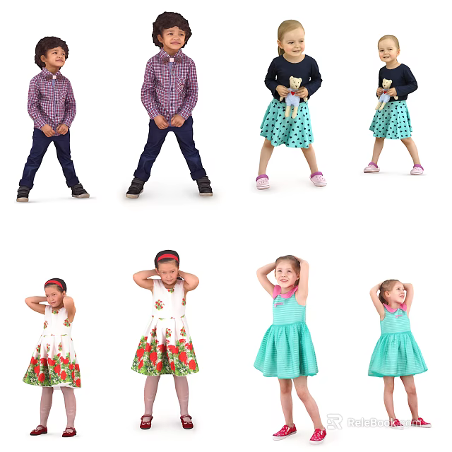 Group of Children Posing in Colorful Dresses and Casual Outfits 3d model 